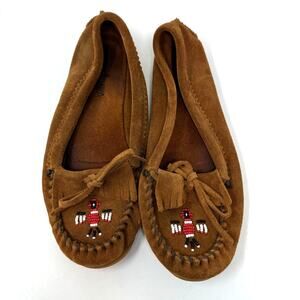 Minnetonka Thunderbird Suede Beaded Moccasins Loafers Womens 10 Brown Southwest